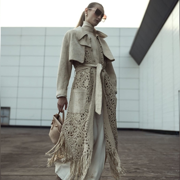 Jonathan Simkhai Yani Combo crochet and suede trench coat With Fringes, Beige M - Picture 4 of 16